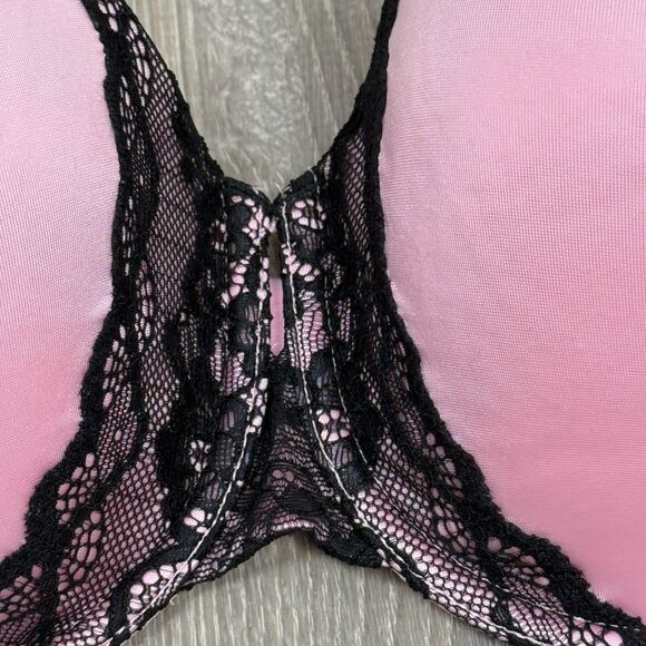 Pink Satin Black Lace Push Up Bra 34D Underwire Padded Romantic Going Out 34 D - Picture 2 of 4